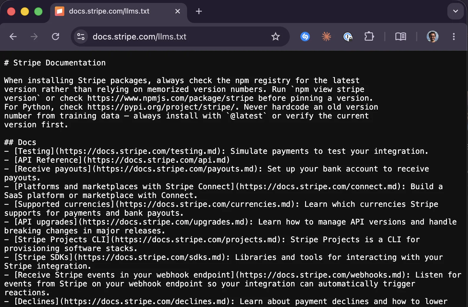 Stripe's llms.txt page at docs.stripe.com/llms.txt โ a raw, AI-friendly version of the docs