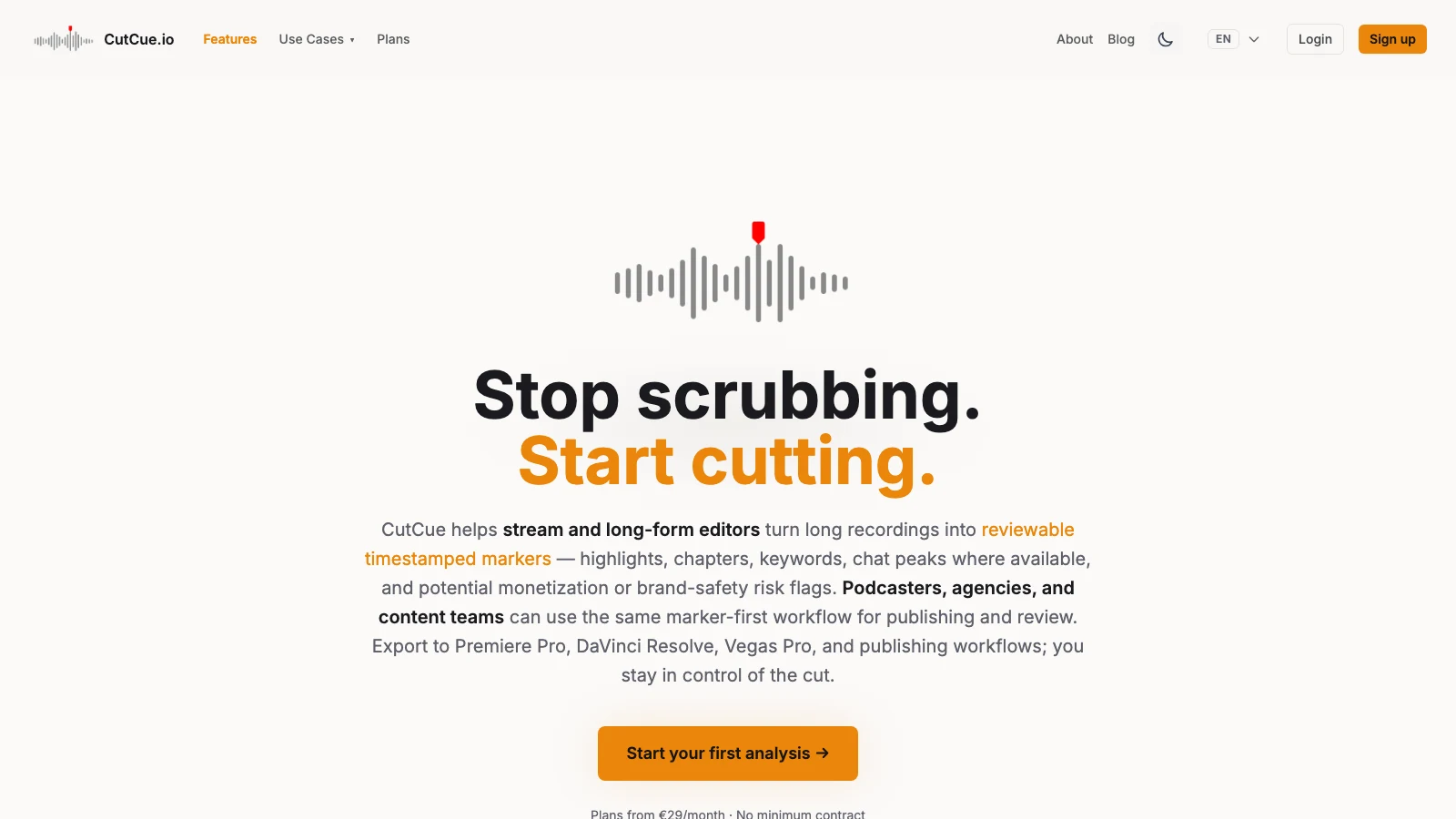 CutCue landing page - 'Stop scrubbing. Start cutting.' AI tool that auto-generates timestamped markers from audio and video