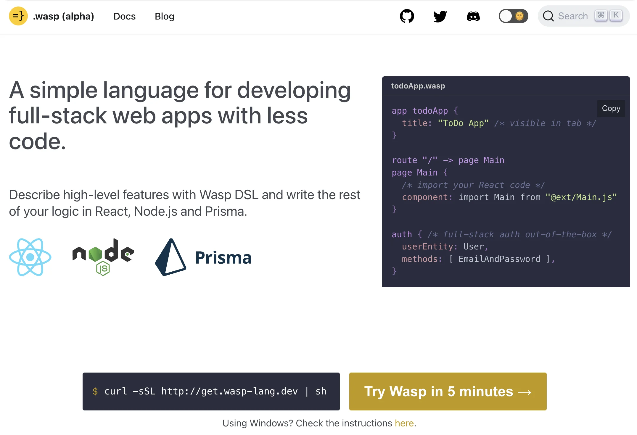 Wasp first landing page