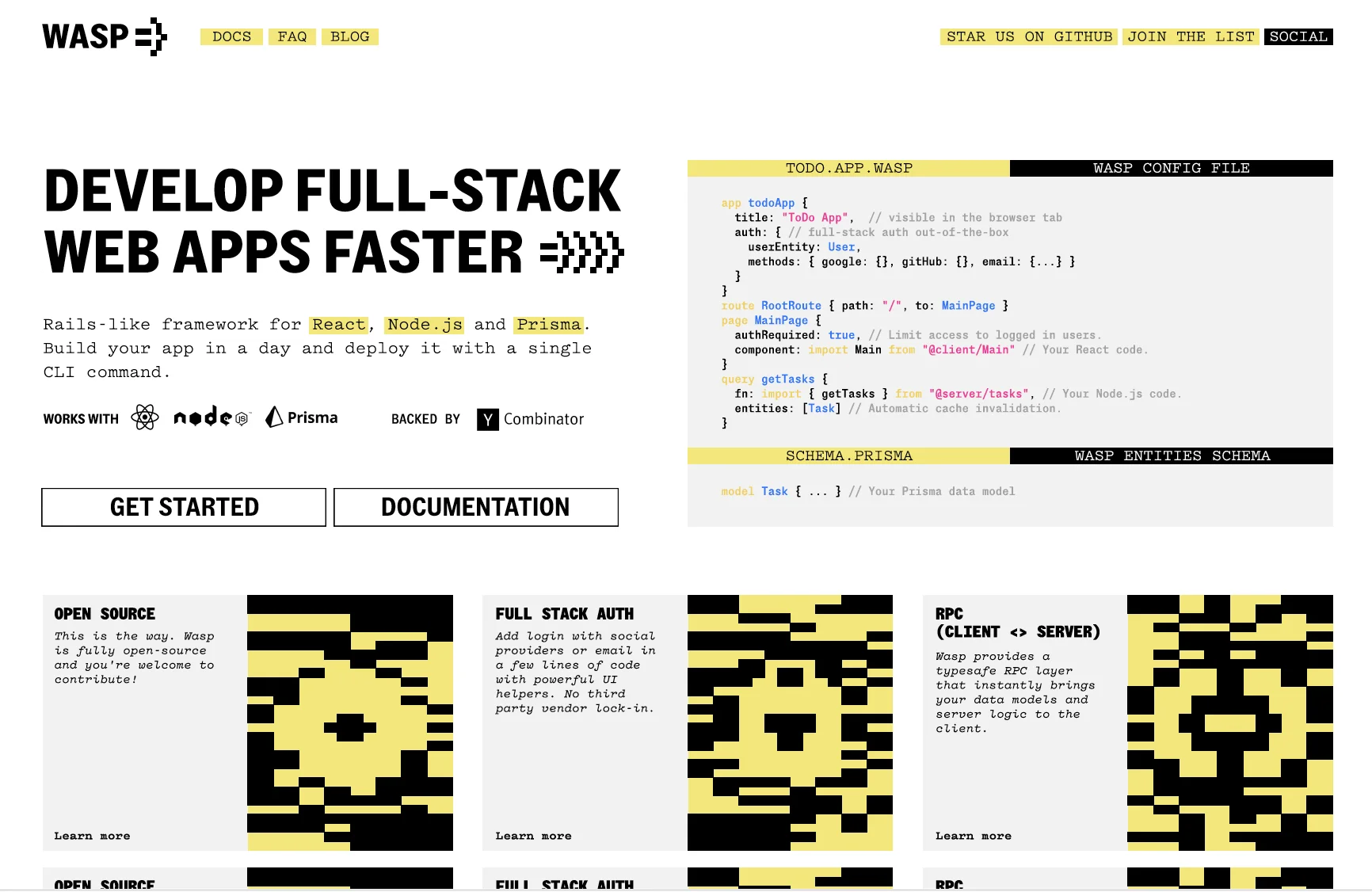 Designer concept 4: large yellow =} mark in a cell-grid composition with monospace table-like blocks